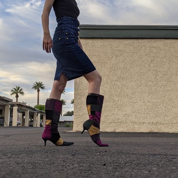 Vintage Patchwork Rainbow Clown Style Calf High Boots - Size 9.5W - Picture 8 of 8